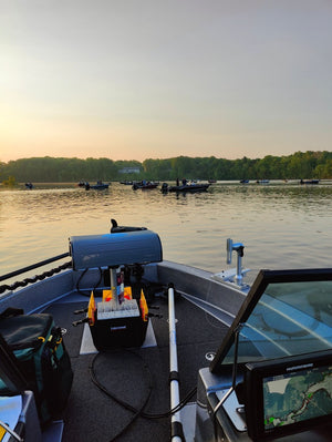 Lakewood Tackle Storage Solution for Walleye/Bass goes right over your boat pedestal! 6 storage pockets on the side hold planer boards or plastics Holds more than 3 dozen lures. Easy/quick/convenient bait access. Made in the USA. Lifetime Warranty.