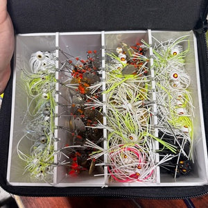 Lakewood Spinnerbait Deposit Box Mini. Perfect smaller storage for your spinnerbaits, buzzbaits, and more. Designed to fit in the compartments of your boat. Hanging storage allows spinnerbaits and buzzbaits to hang down without putting any added tension on the bait frame. Mesh Bottom to allow air flow for drying and to keep baits from rusting. Made in the USA.
