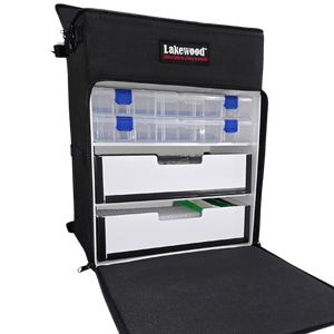 Lakewood Magnum Top Shelf Lakewood Tackle go-anywhere case for all types of fishing and for all seasons! Perfect for all species - walleye, bass, musky, salmon, and more! Holds six 3700 style boxes or three 3730 style storage boxes or the Lakewood Drawers or mix and match (NOT INCLUDED) Made in the USA. Lifetime Warranty.