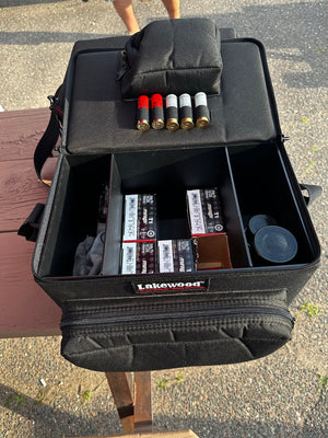 Sporting Clays, Range Days, and more! The Clay Shooter Case from Lakewood Products has side compartments that hold four boxes of shells each – 200 total shells Center compartment holds 200 empty shells Storage pocket and large exterior pocket for your glasses, gloves, ear protection, tools, etc. It floats (when zipped up) even when full of shells. Adjustable shoulder strap. Made in the USA. Lifetime Warranty.