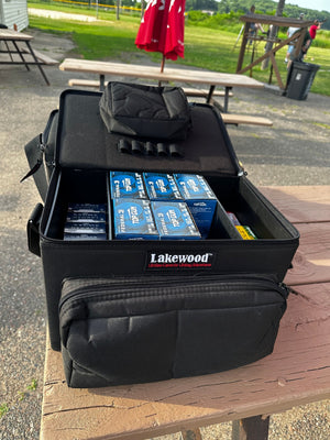 Sporting Clays, Range Days, and more! The Clay Shooter Case from Lakewood Products has side compartments that hold four boxes of shells each – 200 total shells Center compartment holds 200 empty shells Storage pocket and large exterior pocket for your glasses, gloves, ear protection, tools, etc. It floats (when zipped up) even when full of shells. Adjustable shoulder strap. Made in the USA. Lifetime Warranty.