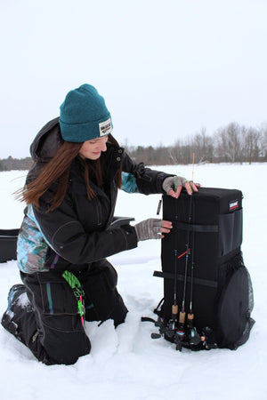 The Ice Pak from Lakewood Products accepts the largest tip-ups and is perfect for Ice Fishing. Gear pockets for tools also act as a third hand for restringing. Holds up to 5 rods on side of case. Can be used as a backpack. Made in the USA. Lifetime Warranty.