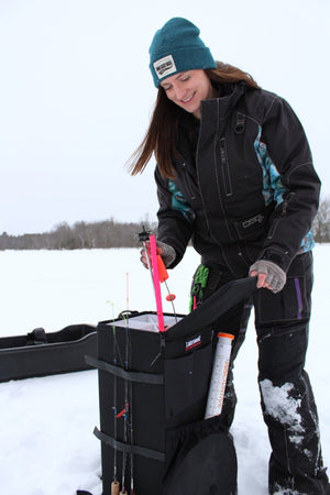 The Ice Pak from Lakewood Products accepts the largest tip-ups and is perfect for Ice Fishing. Gear pockets for tools also act as a third hand for restringing. Holds up to 5 rods on side of case. Can be used as a backpack. Made in the USA. Lifetime Warranty.