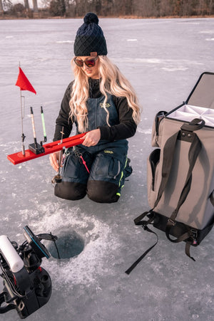 The Ice Pak from Lakewood Products accepts the largest tip-ups and is perfect for Ice Fishing. Gear pockets for tools also act as a third hand for restringing. Holds up to 5 rods on side of case. Can be used as a backpack. Made in the USA. Lifetime Warranty.