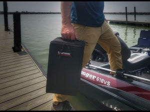 Keep those expensive swimbaits protected while in your boat, kayak, or shore! Perfect for the larger swimbaits and glide baits and will also accommodate the flutter spoons Handle on top for ease of getting in and out of the storage compartments and also perfect for attaching to backpack or kayak Mesh on the bottom to allow for air flow and drainage Separate compartments to hang baits with individual rods and clips.