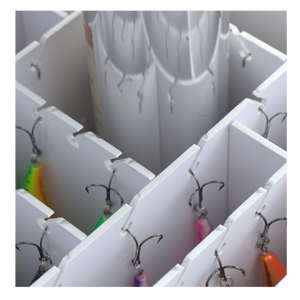 Lakewood Tackle Storage Solution for Walleye/Bass goes right over your boat pedestal! 6 storage pockets on the side hold planer boards or plastics Holds more than 3 dozen lures. Easy/quick/convenient bait access. Made in the USA. Lifetime Warranty.