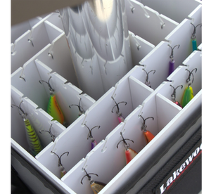 Lakewood Tackle Storage Solution for Walleye/Bass goes right over your boat pedestal! 6 storage pockets on the side hold planer boards or plastics Holds more than 3 dozen lures. Easy/quick/convenient bait access. Made in the USA. Lifetime Warranty.