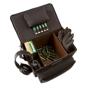 The Clay Shooter Case from Lakewood Products has side compartments that hold four boxes of shells each – 200 total shells Center compartment holds 200 empty shells Storage pocket and large exterior pocket for your glasses, gloves, ear protection, tools, etc. It floats (when zipped up) even when full of shells. Adjustable shoulder strap. Made in the USA. Lifetime Warranty.