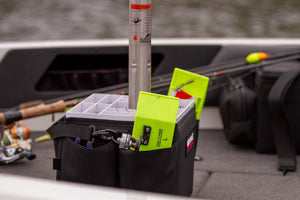 Lakewood Tackle Storage Solution for Walleye/Bass goes right over your boat pedestal! 6 storage pockets on the side hold planer boards or plastics Holds more than 3 dozen lures. Easy/quick/convenient bait access. Made in the USA. Lifetime Warranty.