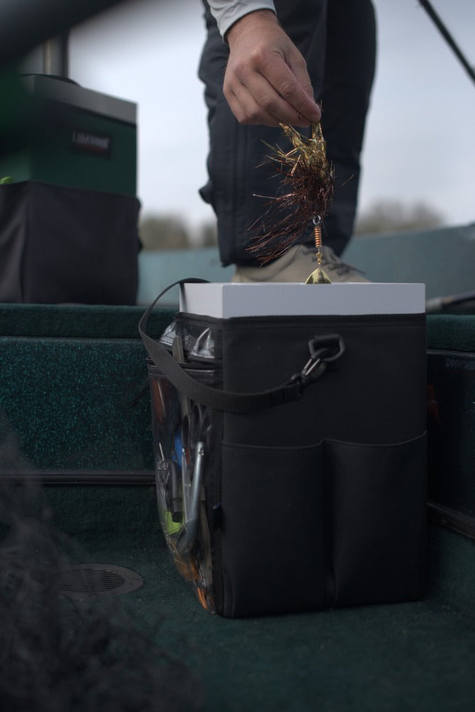 Lakewood Tackle Storage Solution for Musky/Pike goes right over your boat pedestal! Perfect for holding those larger bass swimbaits too! Easy/quick/convenient bait access. Made in the USA. Lifetime Warranty.