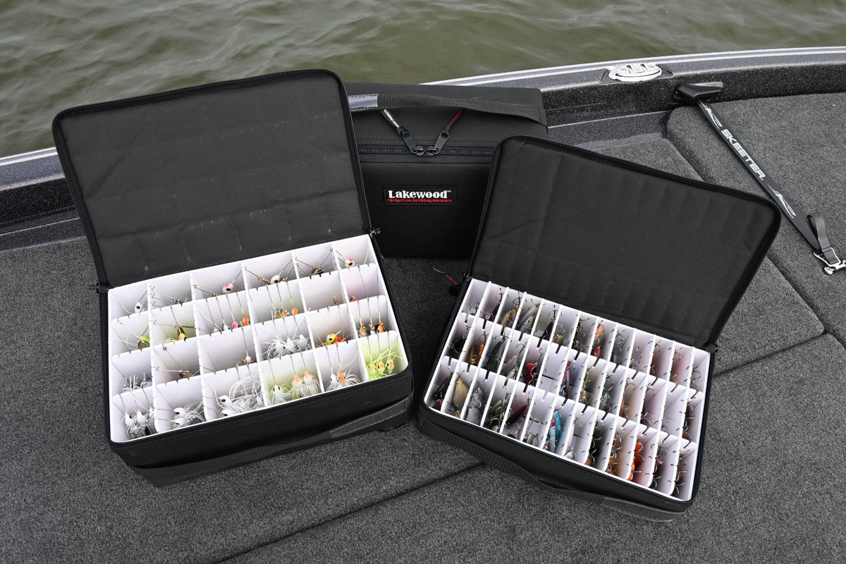 Spinnerbait Deposit Box Large on the left - Vault on the Right. Lakewood Spinnerbait Deposit Box. Perfect storage for your spinnerbaits, buzzbaits, and more. Designed to fit in the compartments of your boat. Hanging storage allows spinnerbaits and buzzbaits to hang down without putting any added tension on the bait frame. Mesh Bottom to allow air flow for drying and to keep baits from rusting. Made in the USA.