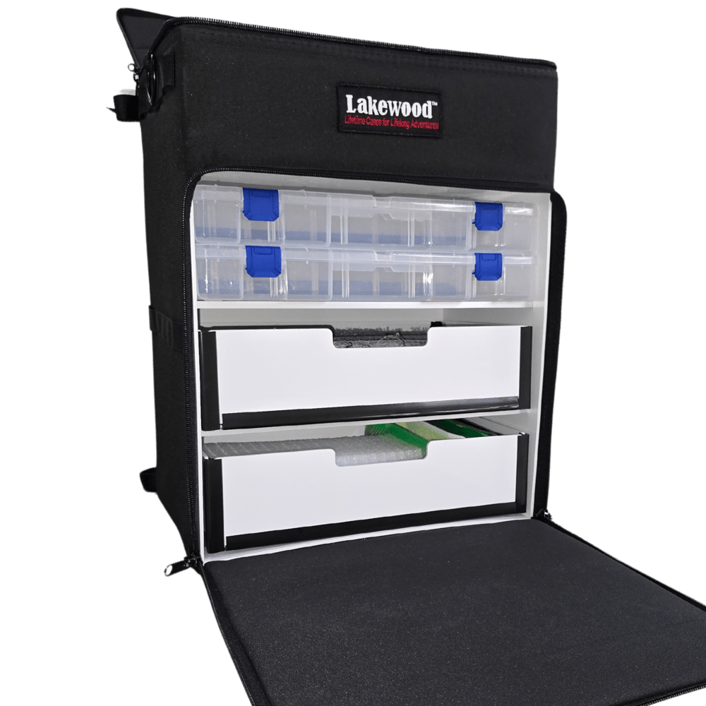 Lakewood Magnum Top Shelf Lakewood Tackle go-anywhere case for all types of fishing and for all seasons! Perfect for all species - walleye, bass, musky, salmon, and more! Holds six 3700 style boxes or three 3730 style storage boxes or the Lakewood Drawers or mix and match (NOT INCLUDED) Made in the USA. Lifetime Warranty.