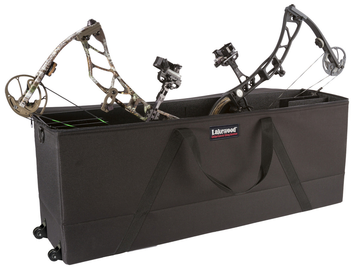 Lakewood Bow Cases offer convenient top-loading, drop-in design. Rectangular shape allows for lots of gear storage. Zippers come together to accommodate a lock D-rings for tie down or additional locking points. Lighter than most double bow cases. Made in the USA. Lifetime Warranty.