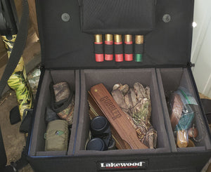 Sporting Clays, Range Days, and more! The Clay Shooter Case from Lakewood Products has side compartments that hold four boxes of shells each – 200 total shells Center compartment holds 200 empty shells Storage pocket and large exterior pocket for your glasses, gloves, ear protection, tools, etc. It floats (when zipped up) even when full of shells. Adjustable shoulder strap. Made in the USA. Lifetime Warranty.