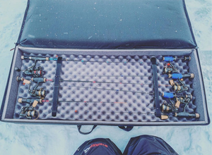Lakewood Ice Rod and Reel Case for Ice Fishing Accommodate those longer rods up to 41! Internal has foam bottom and sides as well as additional foam added to lid to help hold rods in place. Heavy-duty construction allows you to carry this pack or strap it on to an ATV/UTV/Snowmobile Made in the USA Lifetime Warranty.