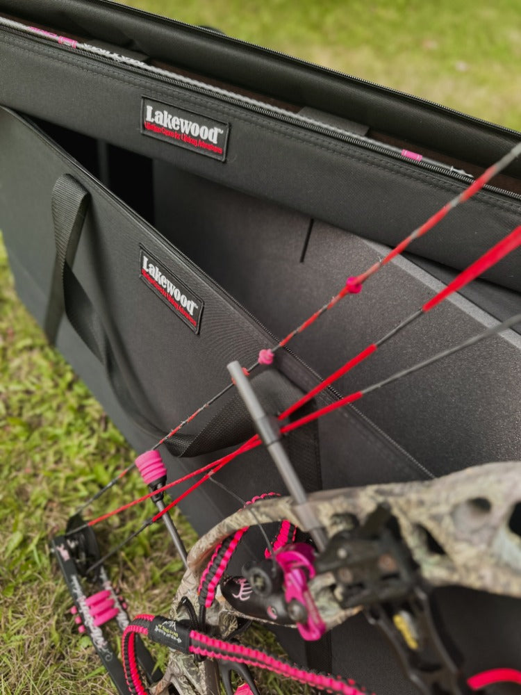 Lakewood Bow Cases offer convenient top-loading, drop-in design. Rectangular shape allows for lots of gear storage. Zippers come together to accommodate a lock D-rings for tie down or additional locking points. Lighter than most double bow cases. Made in the USA. Lifetime Warranty.