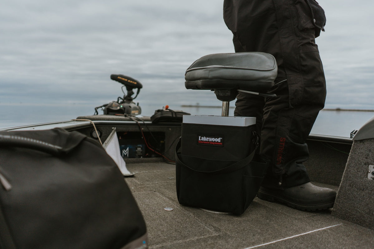 Lakewood Tackle Storage Solution for Musky/Pike goes right over your boat pedestal! Perfect for holding those larger bass swimbaits too! Easy/quick/convenient bait access. Made in the USA. Lifetime Warranty.