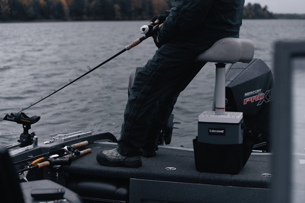 Lakewood Tackle Storage Solution for Musky/Pike goes right over your boat pedestal! Perfect for holding those larger bass swimbaits too! Easy/quick/convenient bait access. Made in the USA. Lifetime Warranty.