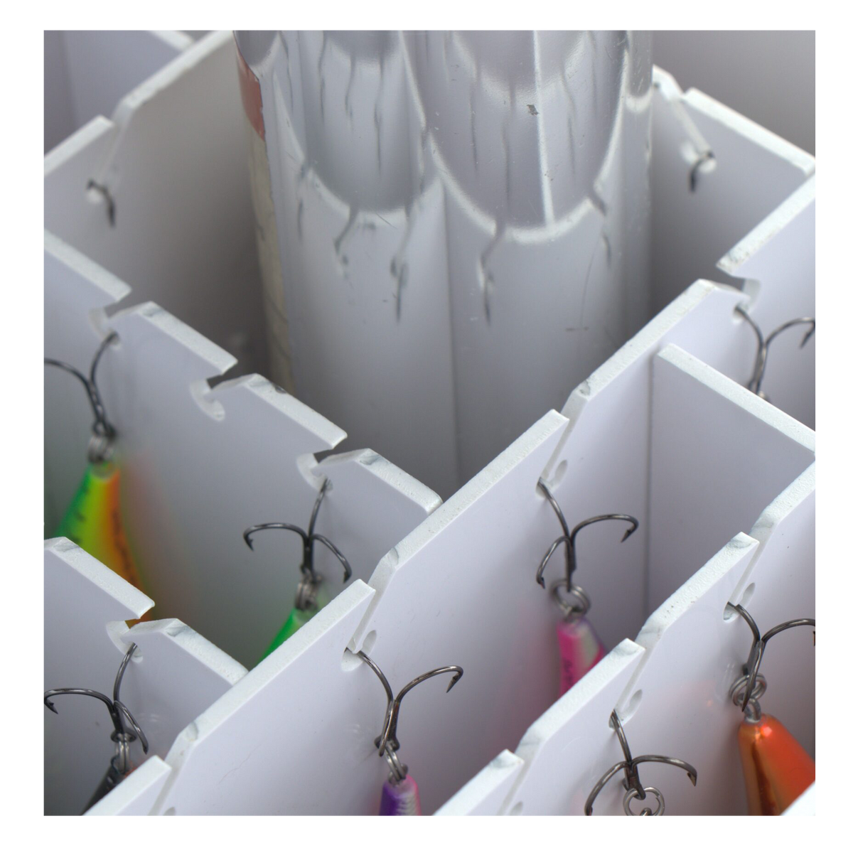 Lakewood Tackle Storage Solution for Walleye/Bass goes right over your boat pedestal! 6 storage pockets on the side hold planer boards or plastics Holds more than 3 dozen lures. Easy/quick/convenient bait access. Made in the USA. Lifetime Warranty.