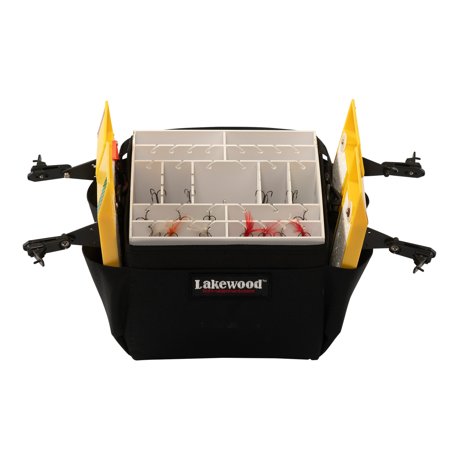 Lakewood Tackle Storage Solution for Walleye/Bass goes right over your boat pedestal! 6 storage pockets on the side hold planer boards or plastics Holds more than 3 dozen lures. Easy/quick/convenient bait access. Made in the USA. Lifetime Warranty.