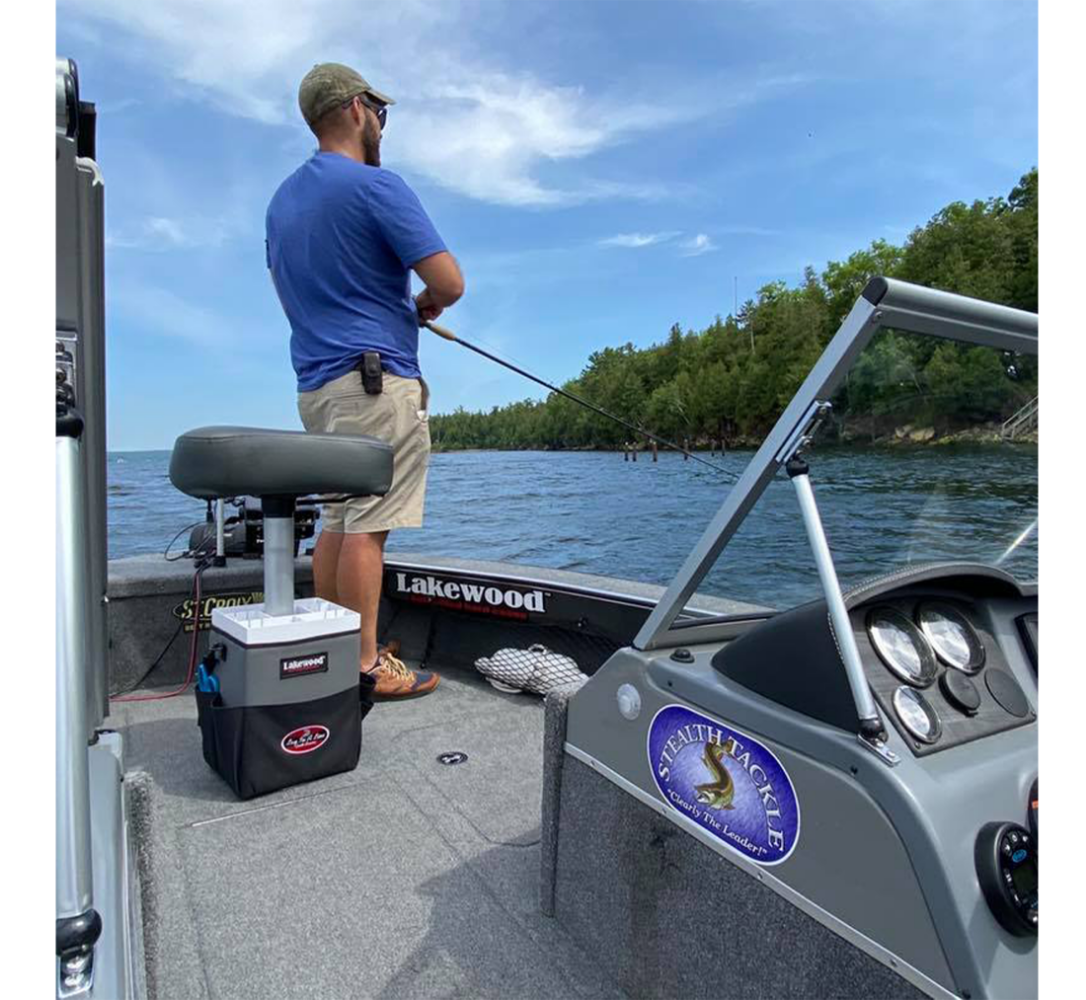 Lakewood Tackle Storage Solution for Musky/Pike goes right over your boat pedestal! Perfect for holding those larger bass swimbaits too! Easy/quick/convenient bait access. Made in the USA. Lifetime Warranty.