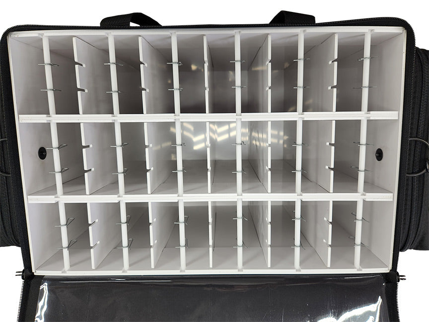 Two sizes available and redesigned interior! The Ultimate Swimbait Tackle Storage! Keep those expensive baits protected! Separate compartments to hang swim baits with individual rods and clips. Front pockets for tools and zippered side pockets for storage.