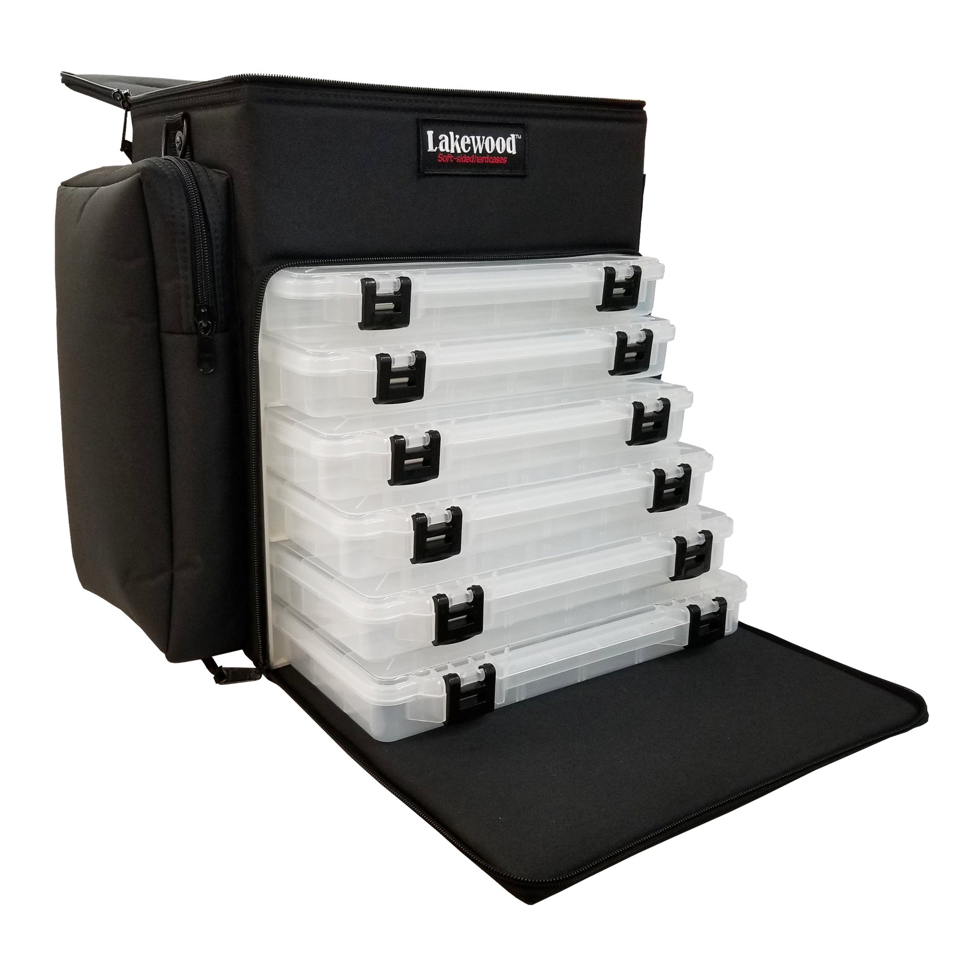 Lakewood Magnum Top Shelf Lakewood Tackle go-anywhere case for all types of fishing and for all seasons! Perfect for all species - walleye, bass, musky, salmon, and more! Holds six 3700 style boxes or three 3730 style storage boxes or mix and match (NOT INCLUDED) Zippered side pockets additional. Made in the USA. Lifetime Warranty.