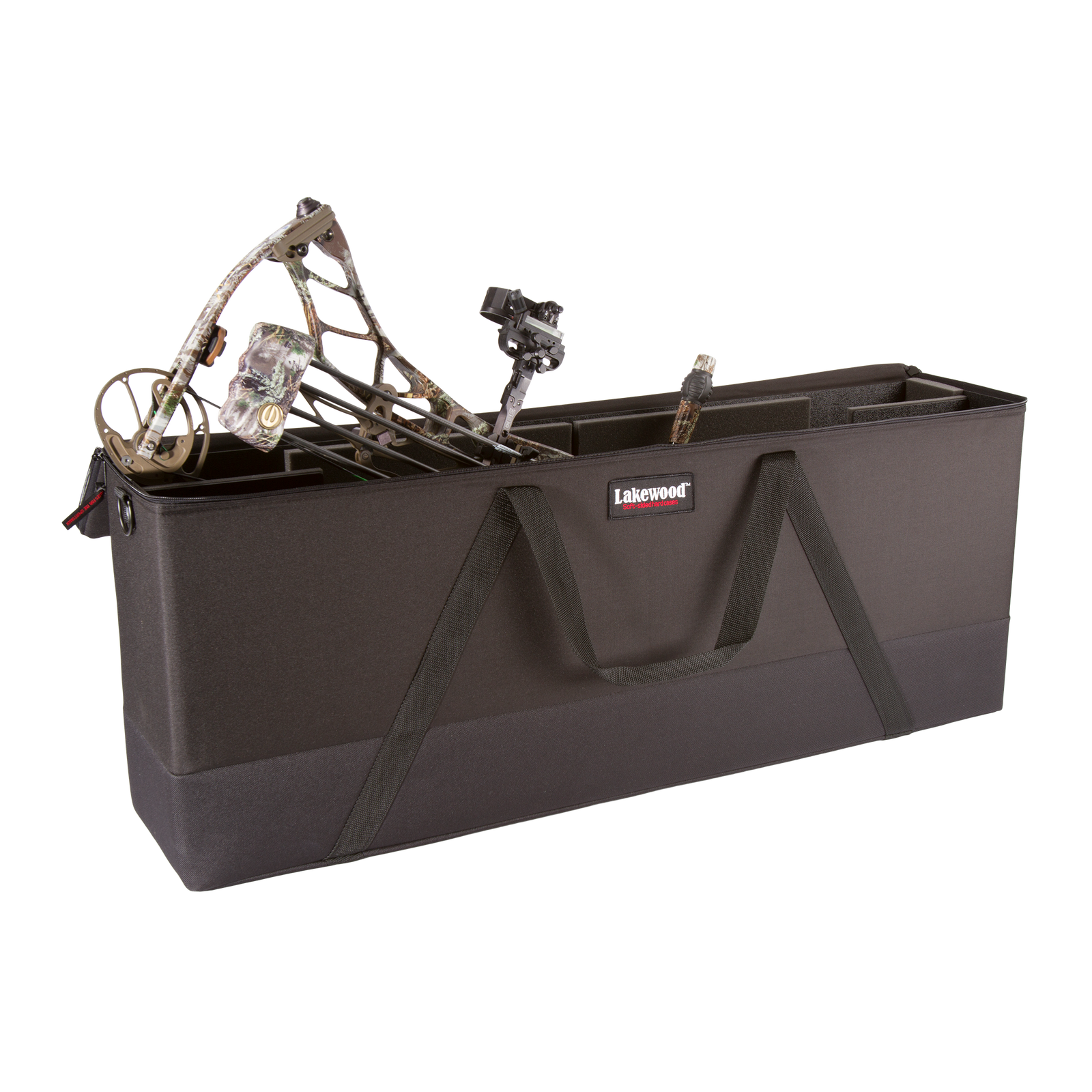 Lakewood Bow Cases offer convenient top-loading, drop-in design. Rectangular shape allows for lots of gear storage. Zippers come together to accommodate a lock D-rings for tie down or additional locking points. Lighter than most double bow cases. Made in the USA. Lifetime Warranty.