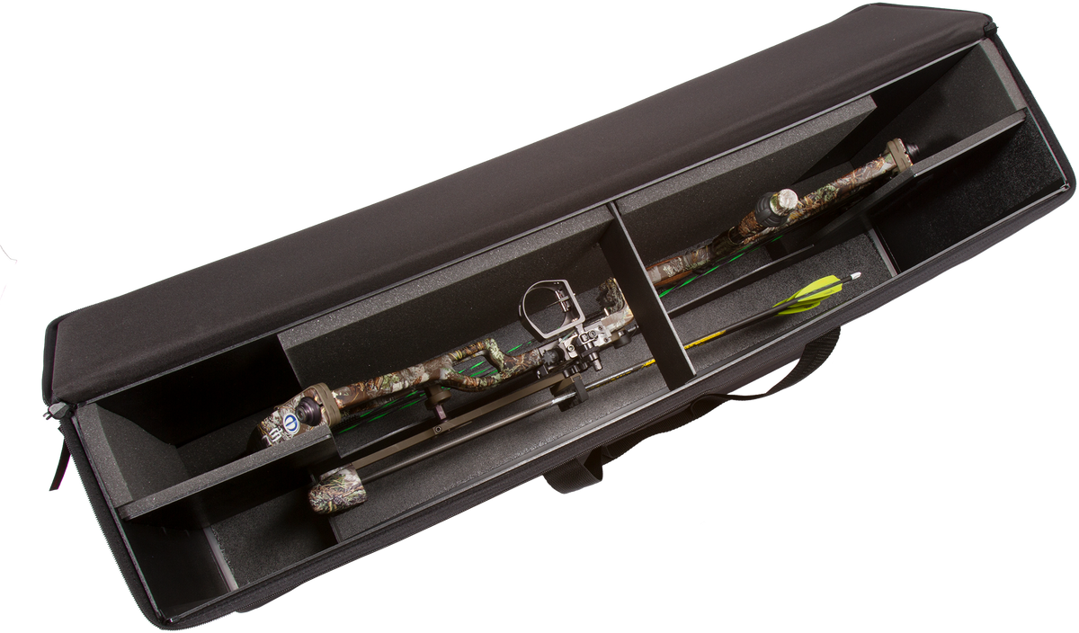Lakewood Bow Cases offer convenient top-loading, drop-in design. Rectangular shape allows for lots of gear storage. Zippers come together to accommodate a lock D-rings for tie down or additional locking points. Lighter than most double bow cases. Made in the USA. Lifetime Warranty.