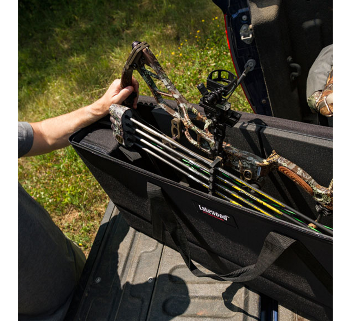 Lakewood Bow Cases offer convenient top-loading, drop-in design. Rectangular shape allows for lots of gear storage. Zippers come together to accommodate a lock D-rings for tie down or additional locking points. Lighter than most double bow cases. Made in the USA. Lifetime Warranty.