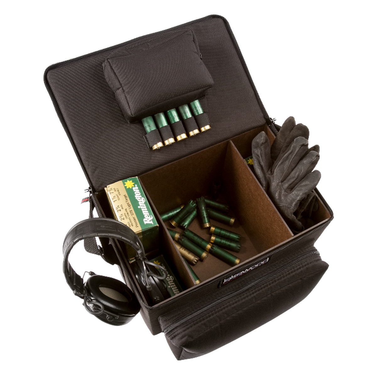 The Clay Shooter Case from Lakewood Products has side compartments that hold four boxes of shells each – 200 total shells Center compartment holds 200 empty shells Storage pocket and large exterior pocket for your glasses, gloves, ear protection, tools, etc. It floats (when zipped up) even when full of shells. Adjustable shoulder strap. Made in the USA. Lifetime Warranty.