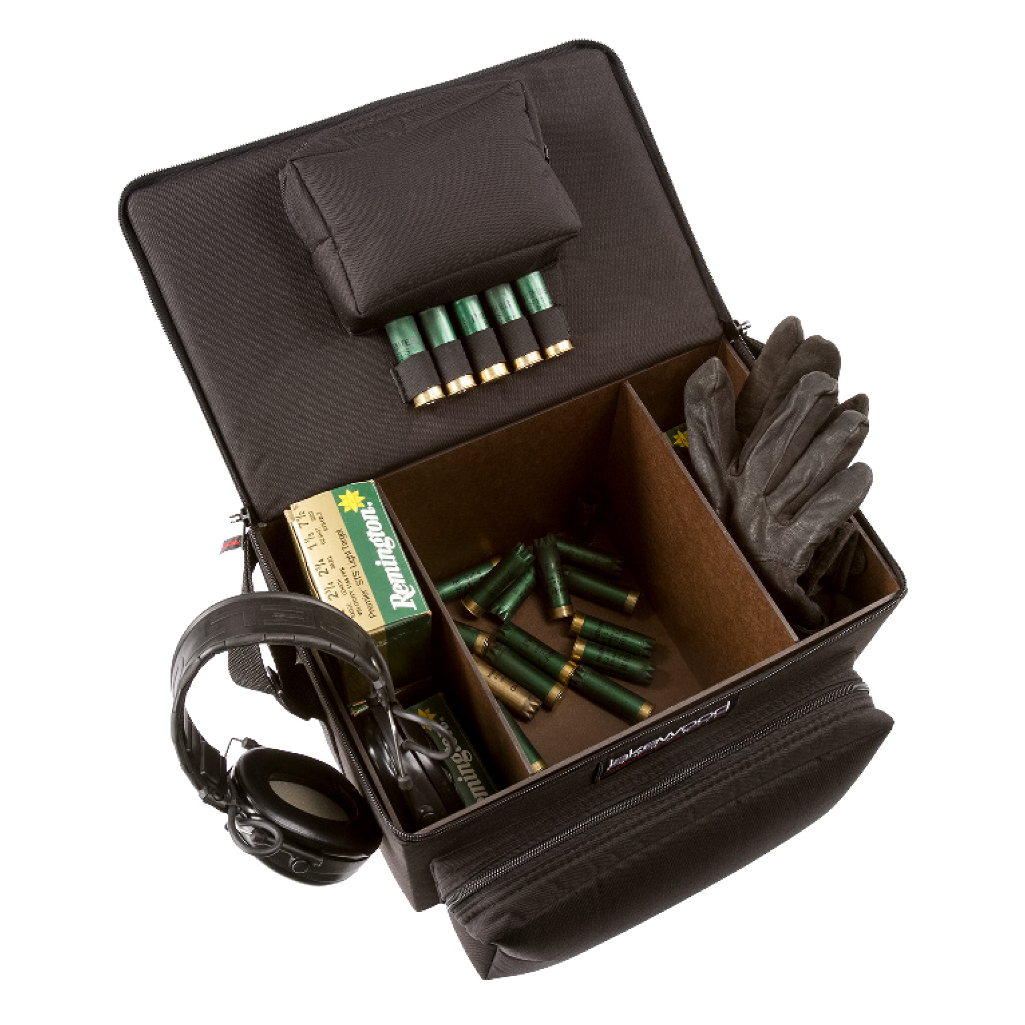 The Clay Shooter Case from Lakewood Products has side compartments that hold four boxes of shells each – 200 total shells Center compartment holds 200 empty shells Storage pocket and large exterior pocket for your glasses, gloves, ear protection, tools, etc. It floats (when zipped up) even when full of shells. Adjustable shoulder strap. Made in the USA. Lifetime Warranty.