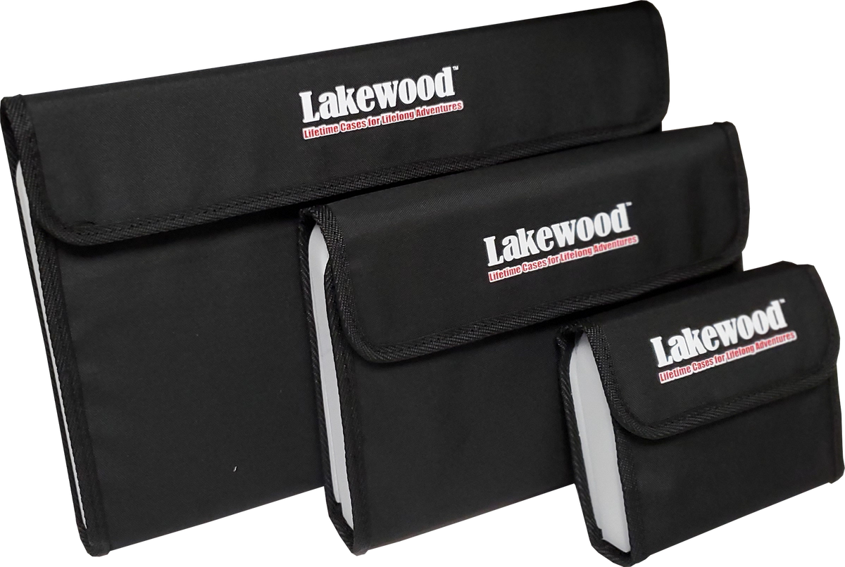Lakewood Products Lure Storage. Convenient sized and heavy foam securely holds and helps you organize and keep your ice fishing lures, jigs, stinger hooks, treble hooks, and more protected! Folds compactly like a wallet and closes with a Velcro® tab. Clear pocket on spine for labeling. Made in USA.