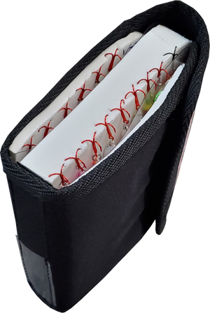 Lakewood Products Lure Storage. Convenient sized and heavy foam securely holds and helps you organize and keep your ice fishing lures, jigs, stinger hooks, treble hooks, and more protected! Folds compactly like a wallet and closes with a Velcro® tab. Clear pocket on spine for labeling. Made in USA.