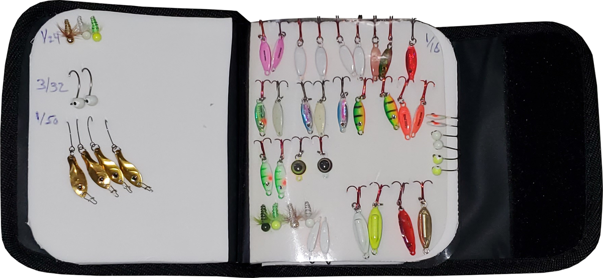 Lakewood Products Lure Storage. Convenient sized and heavy foam securely holds and helps you organize and keep your ice fishing lures, jigs, stinger hooks, treble hooks, and more protected! Folds compactly like a wallet and closes with a Velcro® tab. Clear pocket on spine for labeling. Made in USA.