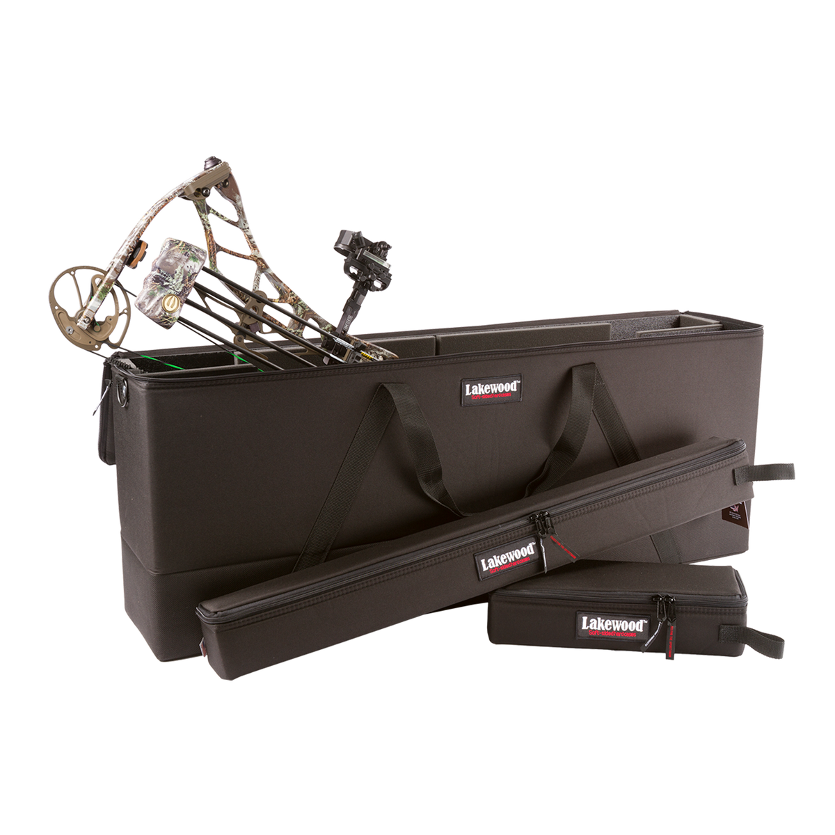 Lakewood Bow Cases offer convenient top-loading, drop-in design. Rectangular shape allows for lots of gear storage. Zippers come together to accommodate a lock D-rings for tie down or additional locking points. Lighter than most double bow cases. Made in the USA. Lifetime Warranty.